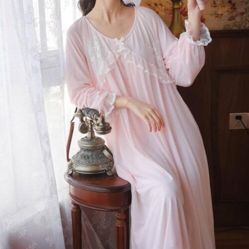 Women Romantic Sleepwear Modal Long Night Dress Victorian Vintage Nightgowns Spring Autumn Tulle Sweet Lace Peignoir Lady Nighty