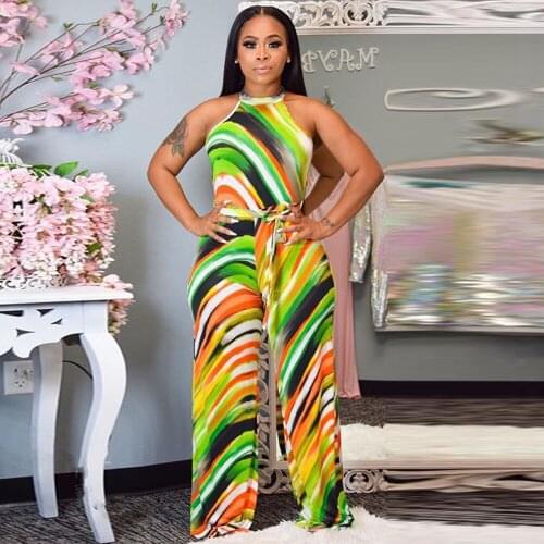 Diagonal Stripe Print Rompers Womens Jumpsuit Off The Shoulder Sleeveless Wide Leg Overalls Elegant High Waist Straight Outfit
