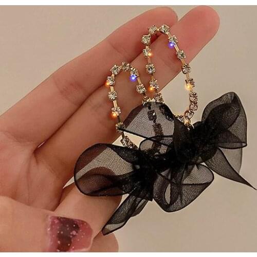 Korean New Rhinestone Circle Chain Black Lace Bowknot Drop Earrings For Women Fashion Jewelry boucle d'oreille Brincos