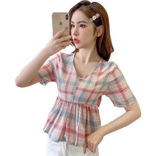 Women Spring Summer Short Style Chiffon Blouses Shirts Lady Casual V-Neck Striped Printed Blusas Tops ZZ0518