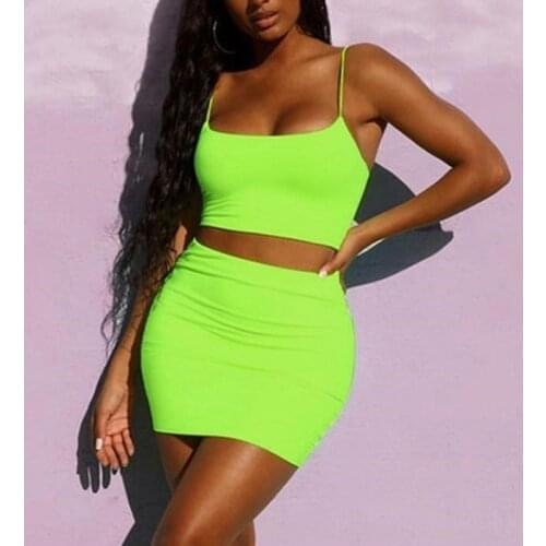 Straps Sexy Camis Skirt 2 Two Piece Set 2021 Summer Women Fashion Neon Green Orange Solid Party Streetwear