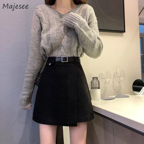 Women Sets Solid V-neck Long Sleeve Sweaters Pullovers Knitted High Waist Black Mini Skirts A-line Casual Students Daily Korean