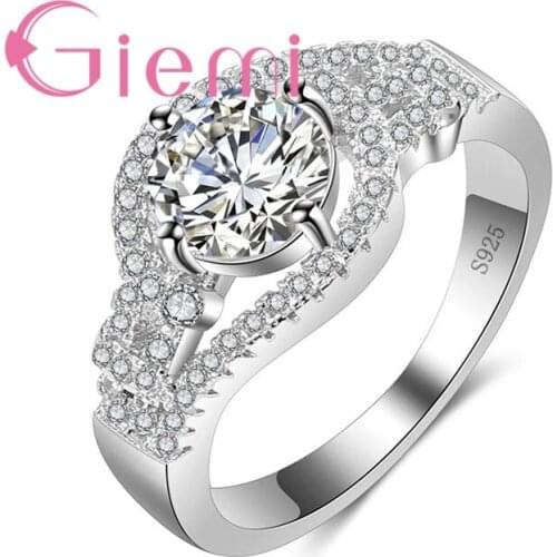 Round Shiny Crystal Stone 925 Silver Ring and Cubic Zirconia for Womens Wedding Ceremony Anniversary Accessories