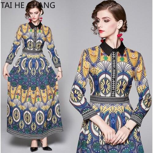 Women Dress New Fashion Retro Spring Summer Elegant Slim Bodycon Vintage Party Runway Print Shirt Office Work Maxi Dresses