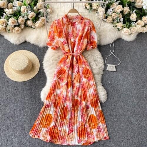2021 Spring Seaside Vacation Tropical Print Vestidos Female Fungus Round Neck Short-sleeved Lace-up Waist Slim Midi Dress C545