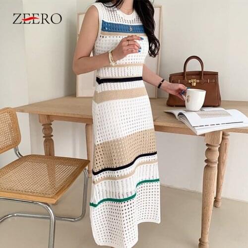 2020 Summer Korean Women Striped Hollow Out Maxi Bodycon Knitted Dress Elegant Ladies Sweater Sexy Long Party Dresses Vestidos