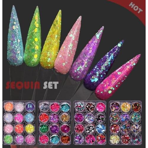 12 Boxes Holographic Nail Art Sequins Set Laser Colorful Round Ultrathin Glitter Nail Flakes Slices Shining Manicure Decorations