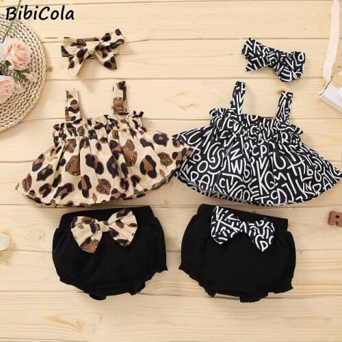 BibiCola Fashion Newborn Girls Toddler Baby Girls Clothes Sets Leopard Print Sling Top Bow Shorts Headband 3pcs Outfit Set