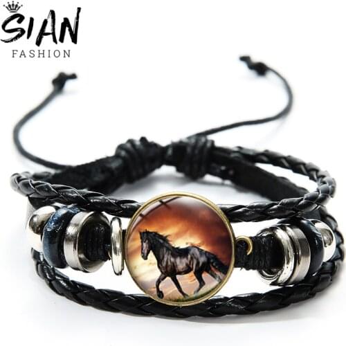 SIAN Vintage Horse Picture Bracelet Horse Theme Glass Gem Black Leather Rope Bracelets Fashion Animal Jewelry for Friends Gifts