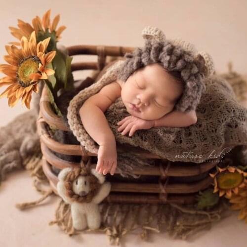 Handknit Toy Set Photography Props Crochet Animal Hat and Toy Newborn Lion Bonnet Photography Hat Cute Doll Props