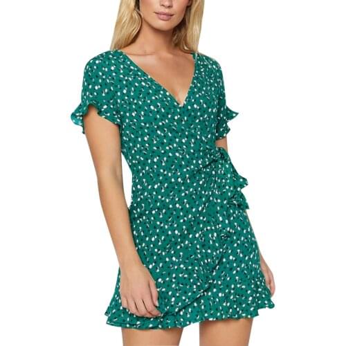 Chiffon Ruffles Dress Women Summer Elegant Green Wrap Dress Short Sleeve Streetwear Sundress
