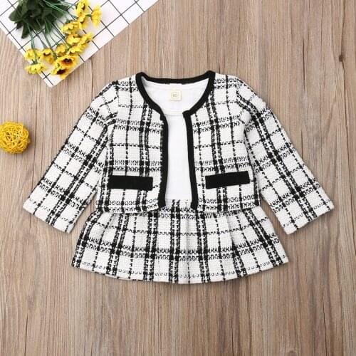 Fashion 1-6Y Baby Girls Clothes Sets Birthday Long Sleeve Plaid Coat Tops+Dress 2Pcs Party Warm Outfit