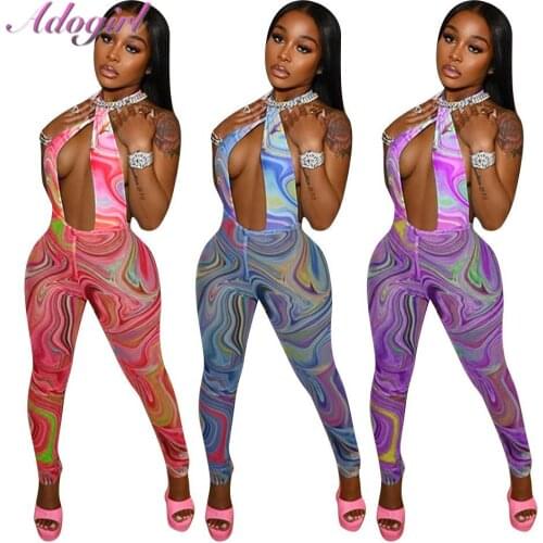 Fashion Print Halter Sleeveless Hollow Out Party Clubwear Skinny Jumpsuit Women Summer Backless Bandage Outfit Rompers Overalls