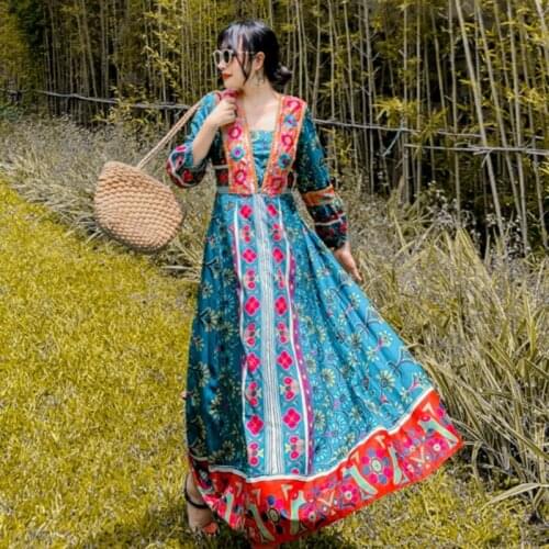 Summer 2020 new ladies travel vacation dress Thailand ethnic style Nepal retro print dress bohemian beach long dress
