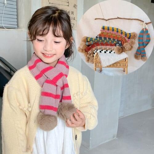 New Arrivals 2022 Winter Warm Children Baby Scarf Boys Girls Striped Plush Balls Cross Collar Neck Ring Scarf Kids Scarves 1-15T