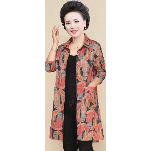 Mother Wear Autumn Trench Coat Women Tops Middle-aged Outwear Printing Mid-length Casual Ladies Windbreaker Female Blouse Q280