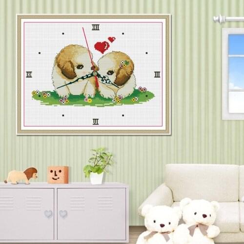 Romantic Story Sweet Dog Clock Face Home Decoration Cross Stitch Handmade Needlework DIY DMC Cross-Stitch For Embroidery Kits