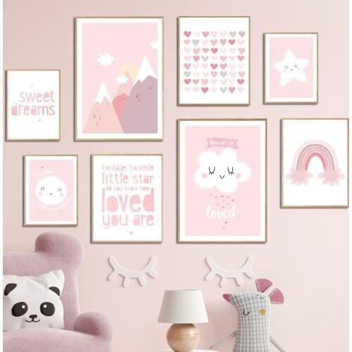 Pink Rainbow Cloud Star Mountain Cartoon Wall Art Canvas Painting Nordic Posters And Prints Wall Pictures Kids Room Kawaii Decor