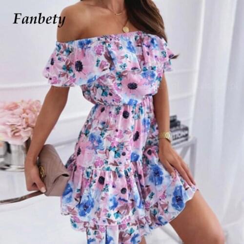 Sexy Elastic Off-Shoulder Party Mini Dress Lady 2021 Fashion Ruffle Beach Chiffon Dress Elegant Women Floral Print Summer Dress