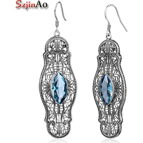 Szjinao Wholesale Blue Aquamarine Earrings Bohemia Solid 925 Sterling Silver Dangle Flower Vintage Jewelry From India