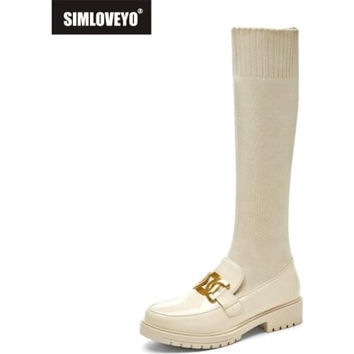 SIMLOVEYO Winter Autumn 2021 Square Toe Knee Boots PU Leather Metal Chain Knitting Woolen Tube Sock Boot Women Fashion Stretchy