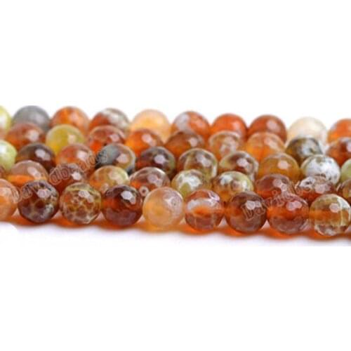 Fctory Price 16" Natural Stone Faceted Orange Red Fire Agat Round Loose Beads 6 8 10 12MM Pick Size For Jewelry Making diy