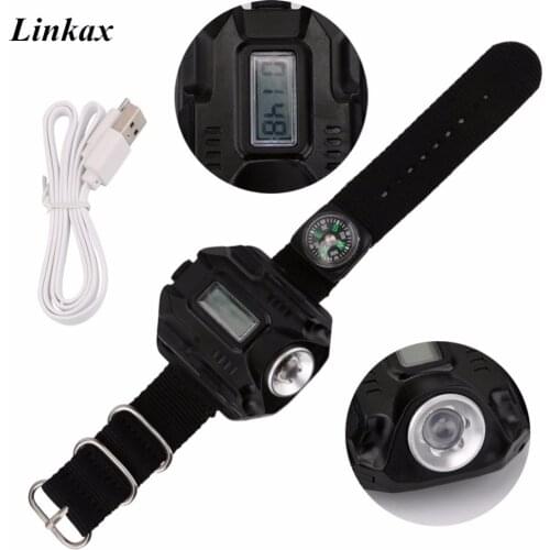 LED Wrist Watch Flashlight Torch Light XPE R2 USB Rechargeable Tactical Flashlight Watch Lamp with Wirstband +usb cable