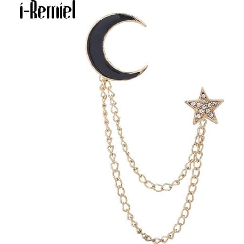Vintage Simple Moon Star Brooch Corsage Female Tassel Chain Enamel Lapel Pin Fashion Temperament Men Women Accessories Jewelry