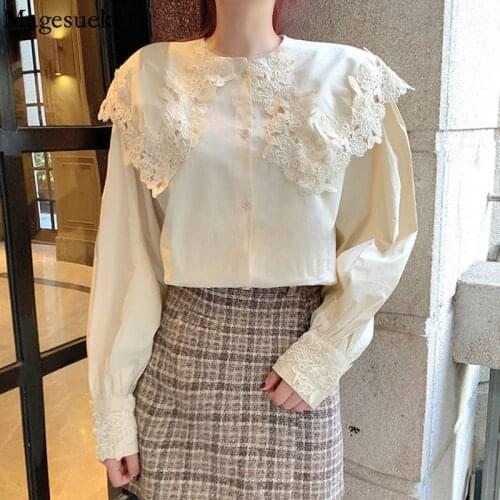 Sweet Big Lapel Lace Stitching Womens Shirt Spring Long Sleeve Loose White Blouses Women Korean Casual Crochet Flower Top 15945