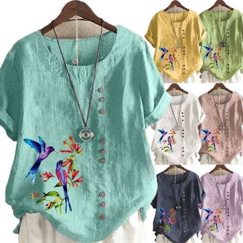 Womens New Fashion Linen Shirt Round Neck Short Sleeve Graphic Printed T-shirt Summer Ladies Casual Plus Size Blouse Tops