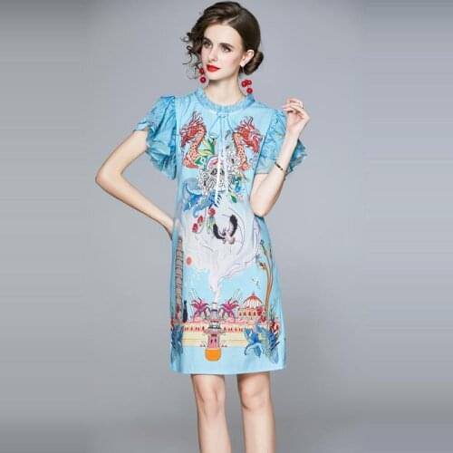 Womens Ruffled Butterfly Sleeves O-Neck Blue A-Line Mini Skirt with Bowknot Retro Dragon Print Cartoon Ethnic Womens Clothing