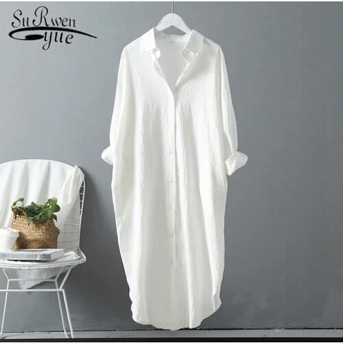 New Summer Cotton Women Blouses 2021 Long Section Shirts Plus Size Linen Cottons Casual White/Blue Women Ladies Tops 6793 50