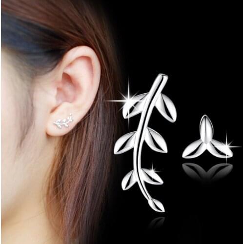 Korean Fashion Women Leaves Stud Earring Silver Color Loveliness Girl Climbing Clover Leaf Asymmetric Earrings Wedding Jewelry