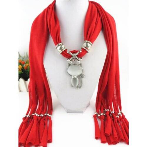 New Fashion Polyester plain weave Tie dye Tassel Agate Lovely Cat Alloy pendant Jewelry Scarf Necklace Women colour Scarves Hot