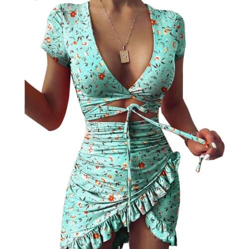 2021 New High-Waist V-Neck Hollow Lace-Up Lotus Leaf Print Sexy Lrregular Hip Bag Slim Short-Sleeved Dress