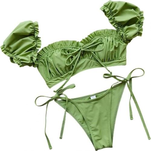 Women Bikini Puff Sleeve Low Waist Summer Lace Up Bow Swimsuit for Swimming Cover-Ups Swimwears Clothing 2021