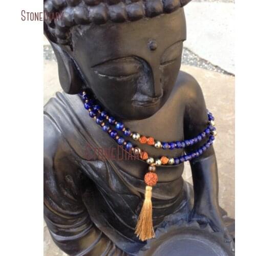 Hand Knotted Layering 108 Mala Beads Blue Lapis Lazuli Rudraksha Bodhi Seed Beads Prayers Mala Necklace With Tassel NM11016