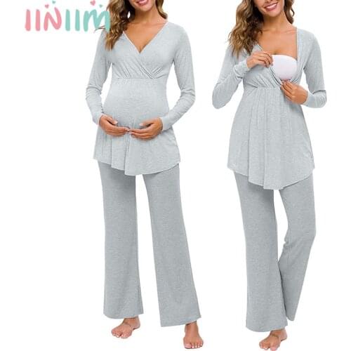 Maternity Pajamas Suits Breastfeeding Nightwear Pregnant Women Nursing Pajama Set Tops Pants Breast Feeding Sleepwear Nightgown