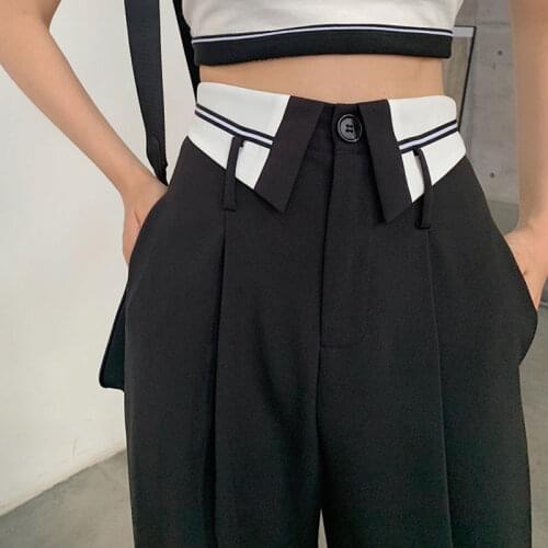Cuffs Wide Leg Pants High Waist Womens Trousers Summer Thin Design Flower Brace Pants Straight Loose Drape Suit Pants Womens
