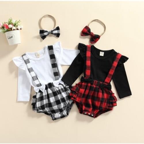 Infant Long Sleeve Romper + Suspenders Shorts + Bow Headband Plaid Print Ruffle Decoration Spring Clothing