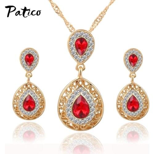 Europe Dazzling Wedding Jewelry Sets Gold Color Charm Necklaces Earrings Women Clothing Accessories Blue Crystal Wholesale