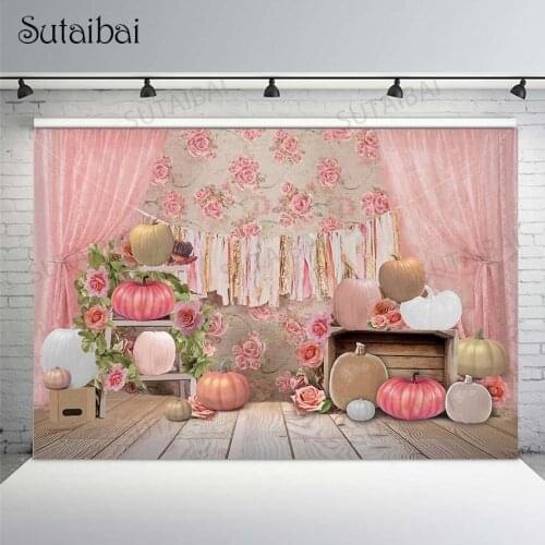 Autumn Harvest Pumpkin Photography Backdrop Flowers Princess Baby Shower Birthday Party Pink Decorations Photo Studio Background