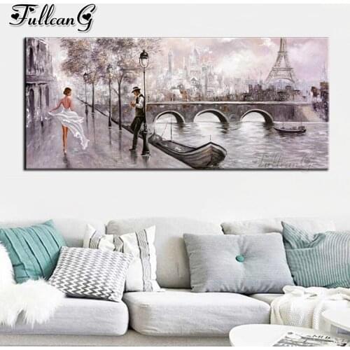 FULLCANG Romantic lovers by the river in vintage city diy diamond painting cross stitch full rhinestone embroidery kits FG0052