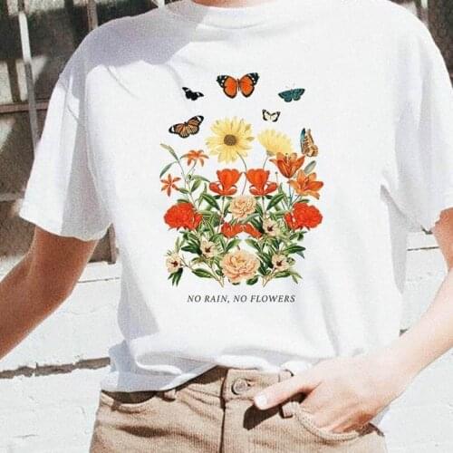 Kuakuayu HJN Butterfly Flower No Rain No Flower Graphic Tee Korean Fashion Kawaii Funny Cotton Short Sleeves Hipster T-shirt