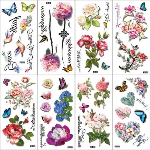 Fake Flower Rose Temporary Tatoo Women Watercolor Birds Butterfly Girls Kids Body Art Tattoo Arm Chest Waterproof Tatuajes Femme