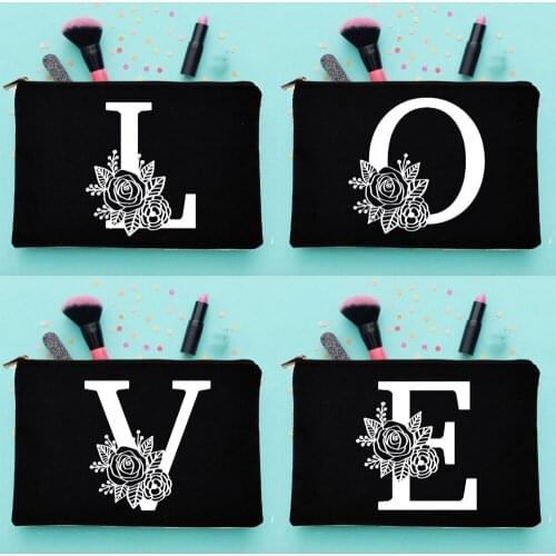 Flowers Alphabet Print Cosmetic Bags Fashion Canvas Black Makeup Cases Harajuku Women Zipper Purse Travel Casual Bags Eco Cases