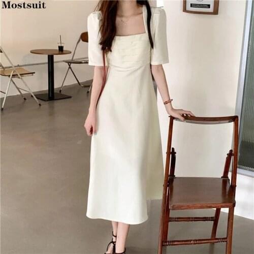 L-4xl Plus Size Fashion Solid Dress Women Summer Short Sleeve Square Collar Slim Waist A-line Long Dresses Vestidos Femme 2021
