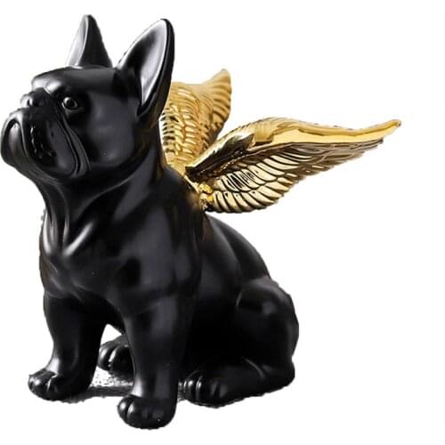 Cute Gold Angel Wings Black Bulldog Living Room Modern Home Decoration Room Accessories White Pottery Dog Crafts Birthday Gift