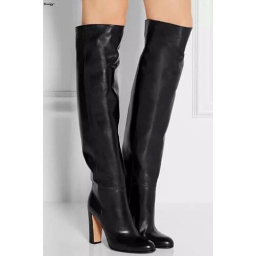 Hongyi Autumn Winter Newest Black Boots Woman round toe over the knee boots thick heels riding boots motorcycle leather boots