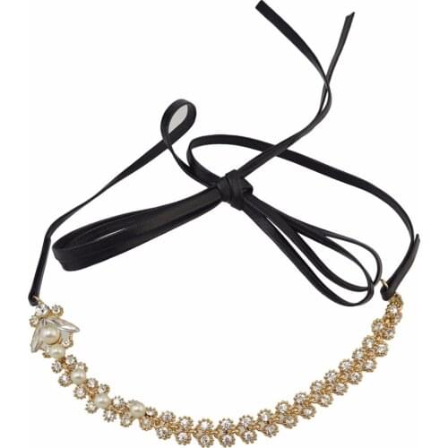 New Ladies Gold Metal Crystal Pearl Flower Shape Statement Bib Choker Necklace Black PU Leather DIY Charm Necklace collar mujer